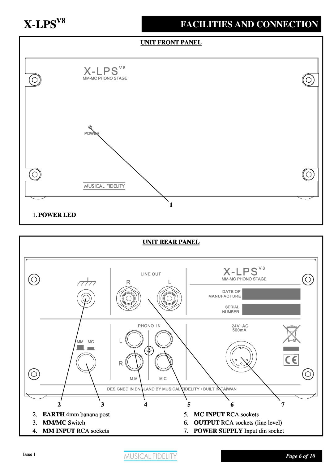 Musical Fidelity X-LPSV8 manual Facilities And Connection 