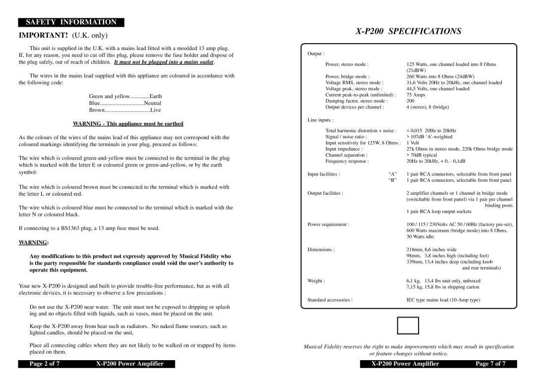 Musical Fidelity X-P200 manual Safety Information, IMPORTANT! U.K. only 