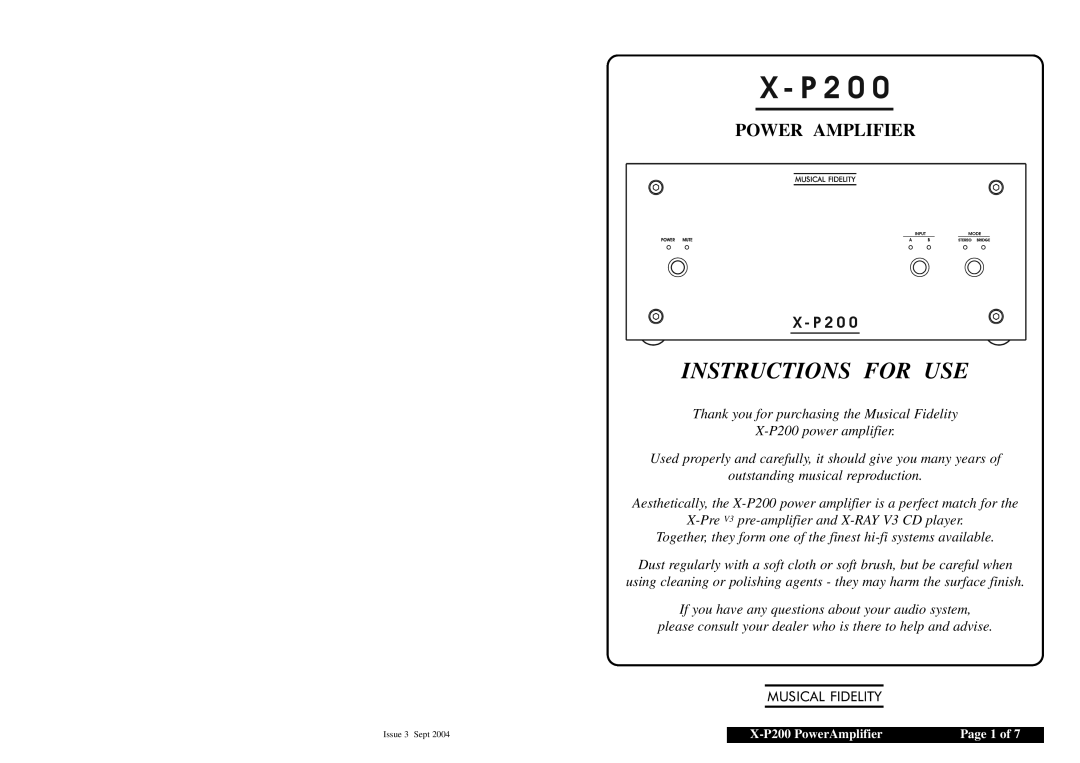 Musical Fidelity X-P200 manual X - P, Instructions For Use, Power Amplifier 