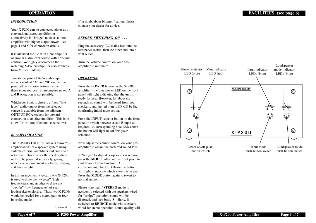 Musical Fidelity manual Operation, FACILITIES see page, X - P, Page 6 of, X-P200Power Amplifier, Page 3 of, Introduction 
