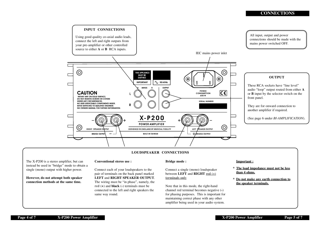 Musical Fidelity manual Page 4 of, X-P200Power Amplifier, Page 5 of, Input Connections, Loudspeaker Connections 
