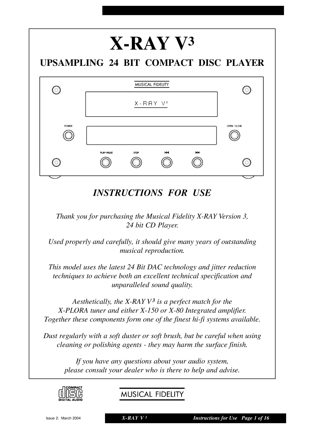 Musical Fidelity X-RAY V3 manual UPSAMPLING 24 BIT COMPACT DISC PLAYER, Instructions For Use, X-RAYV3 