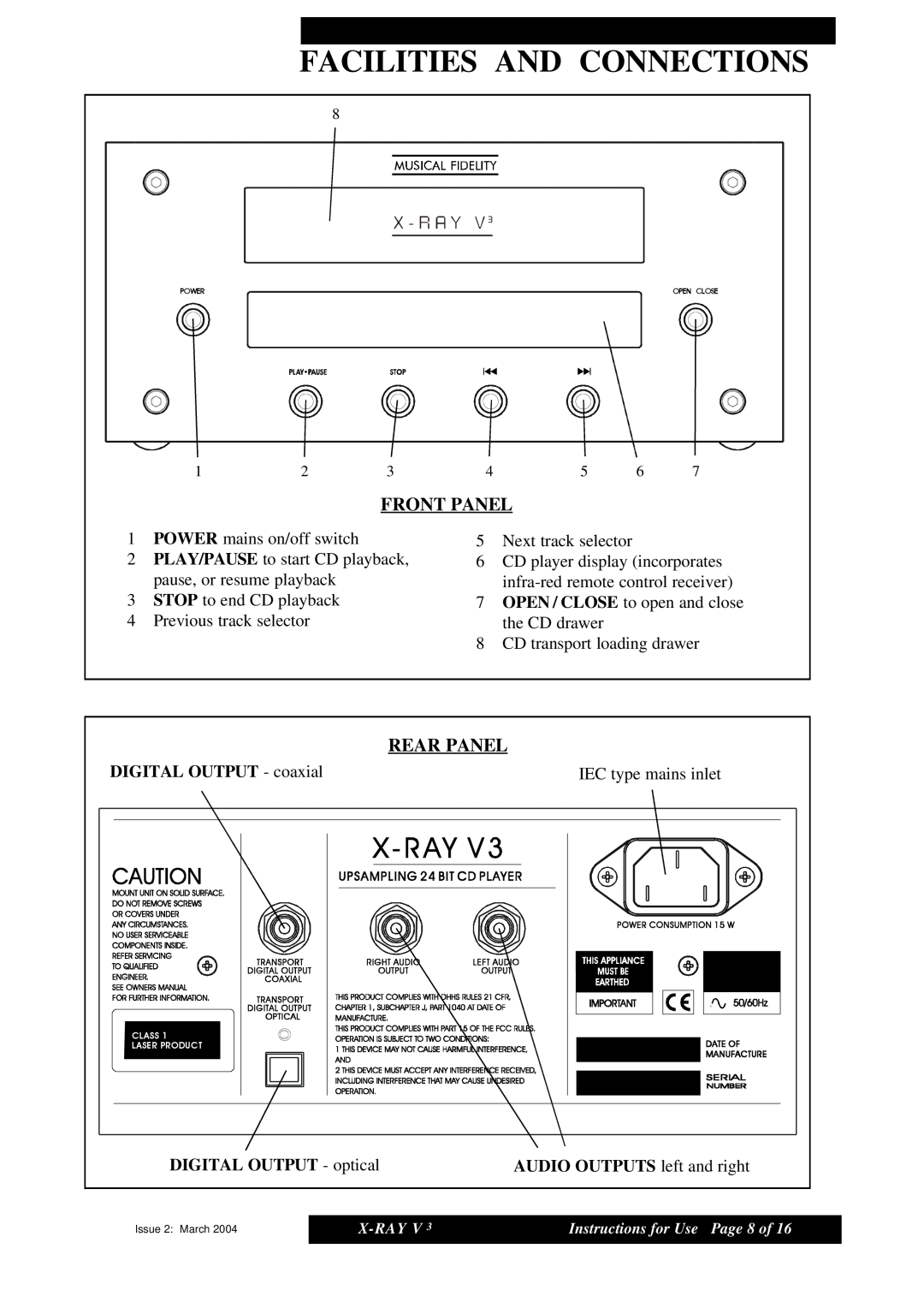 Musical Fidelity X-RAY V3 manual Facilities And Connections, Front Panel, Rear Panel, DIGITAL OUTPUT - coaxial 