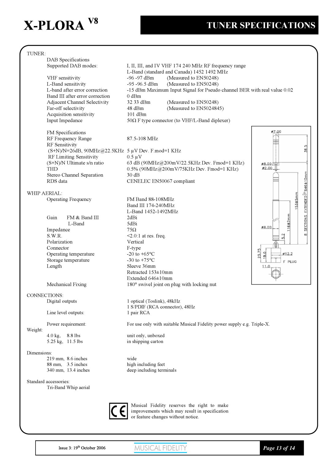 Musical Fidelity X-V8 manual Tuner Specifications, X-Plora, Page 13 of 