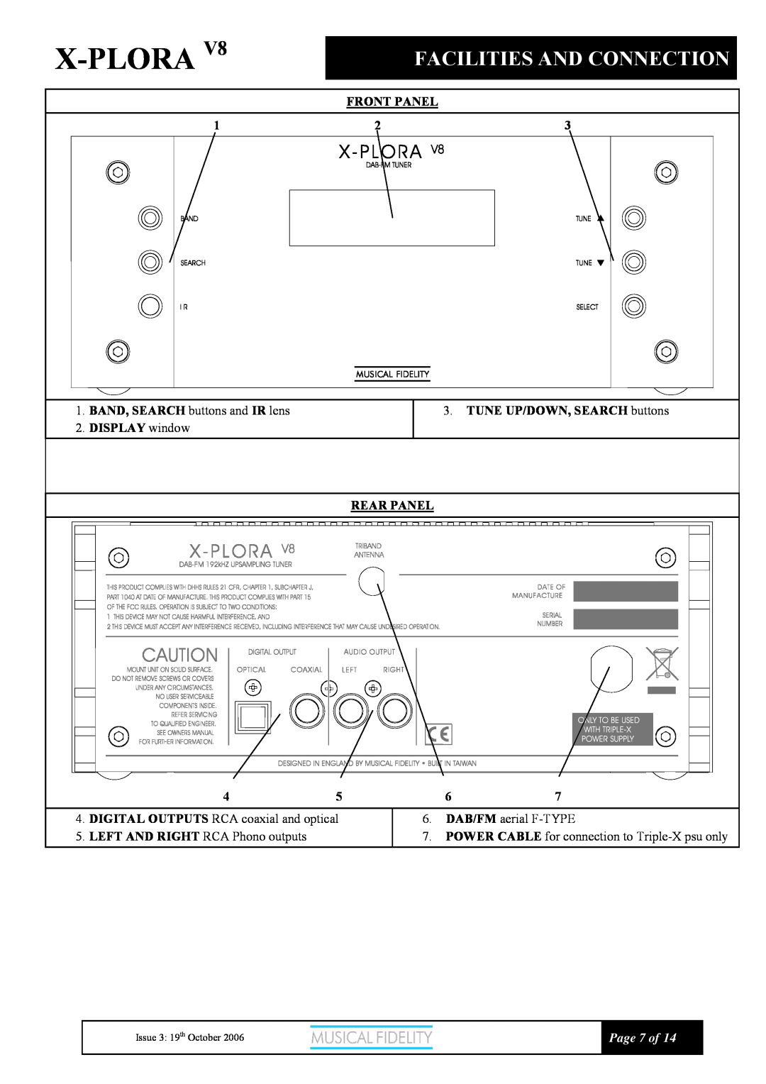 Musical Fidelity X-V8 manual Facilities And Connection, X-Plora, Page 7 of 