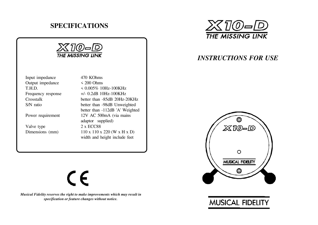 Musical Fidelity X10-D specifications Specifications, Instructions for USE 