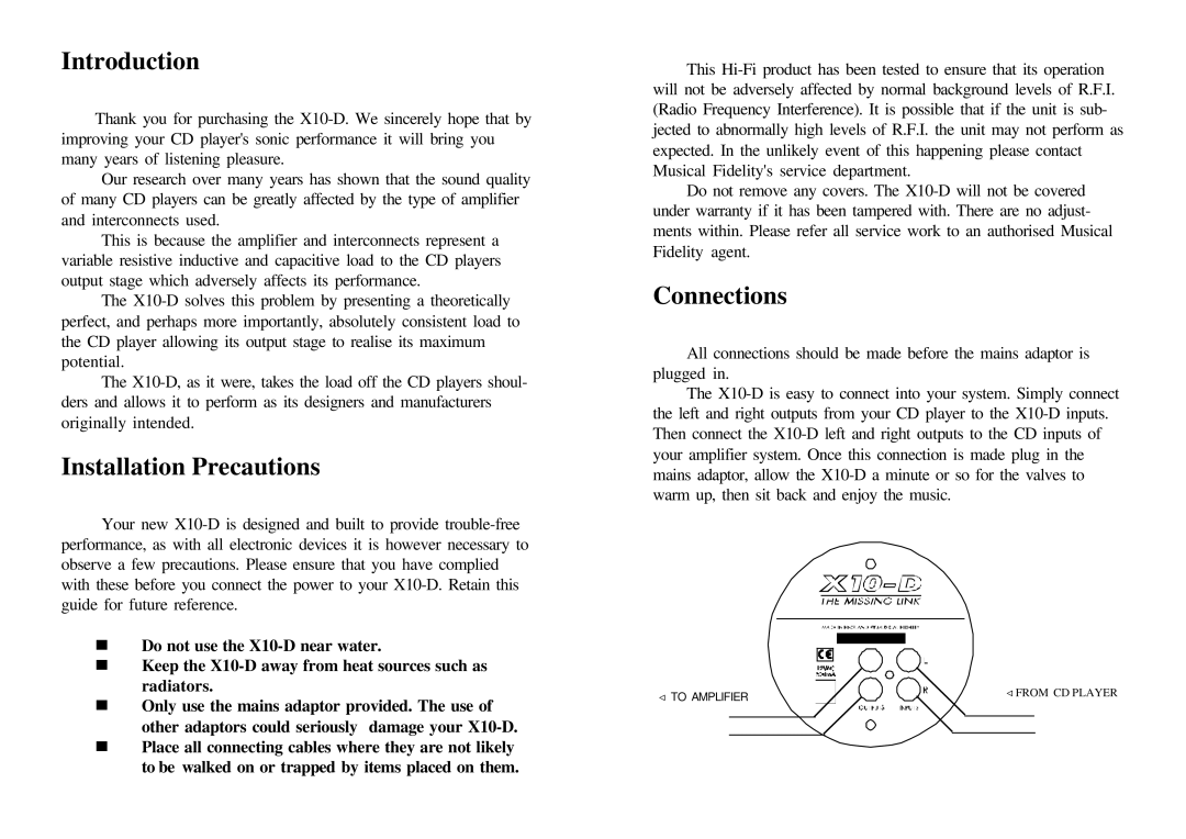 Musical Fidelity X10-D specifications Introduction, Installation Precautions, Connections 