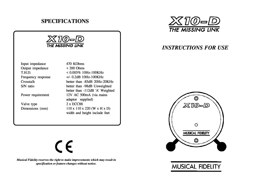 Musical Fidelity X10-D specifications Specifications, Instructions For Use 