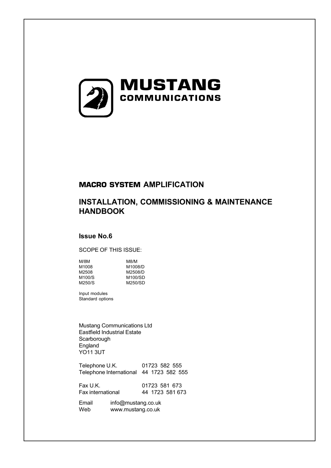 Mustang M/8M, M2508/D, M100/SD, M1008/D, M250/SD manual Mustang 