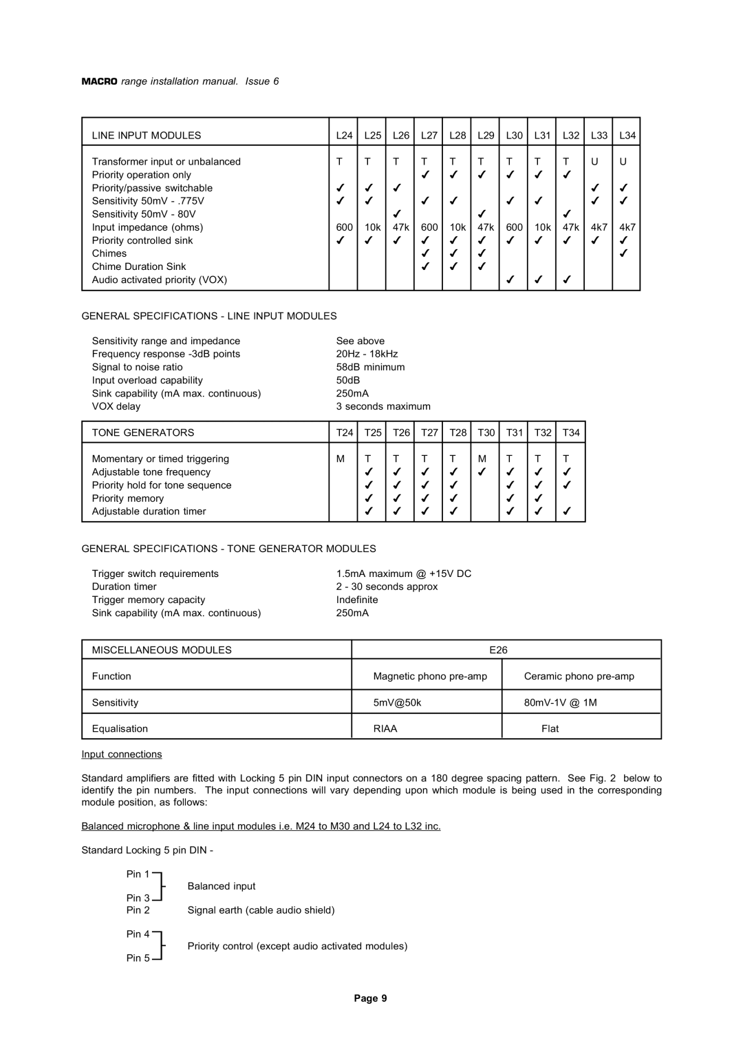 Mustang M/8M General Specifications Line Input Modules, Tone Generators, General Specifications Tone Generator Modules 