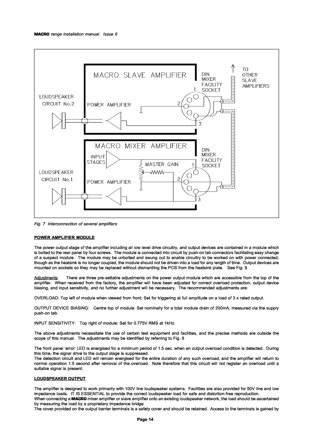 Mustang M100/S, M/8M MACRO range installation manual. Issue, Interconnection of several amplifiers, Power Amplifier Module 
