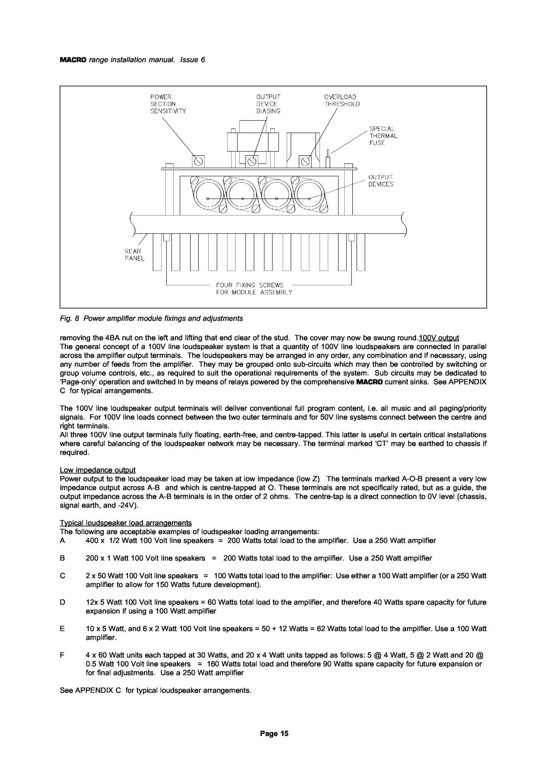 Mustang M1008 MACRO range installation manual. Issue, Low impedance output, Typical loudspeaker load arrangements, Page 