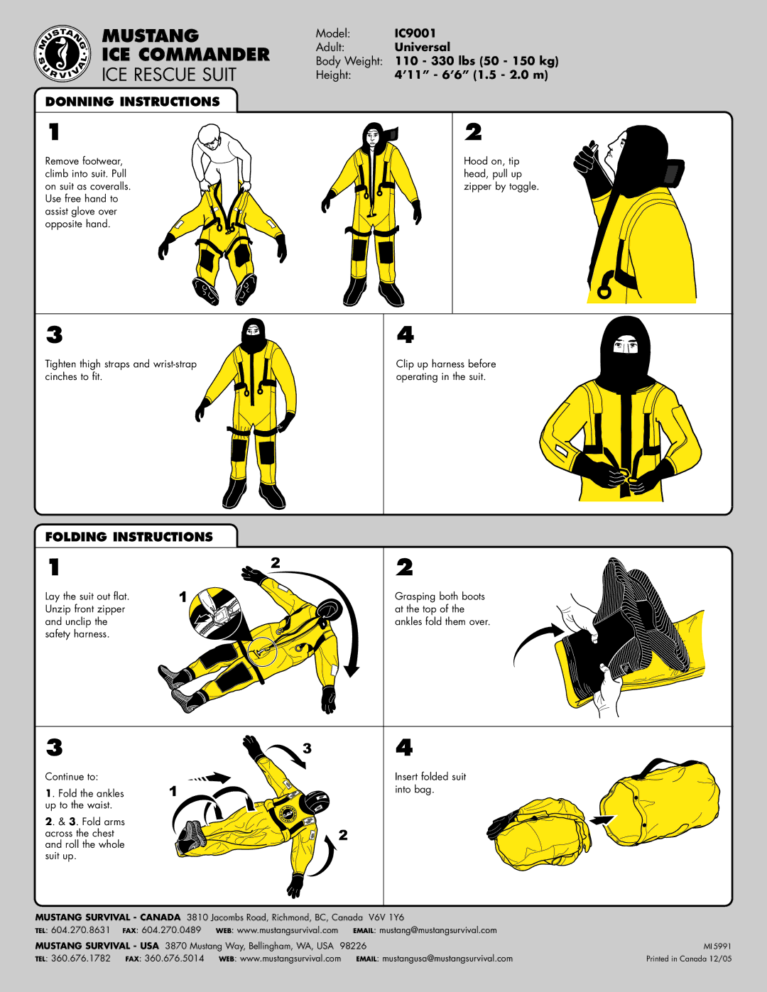 Mustang Survival IC9001-U-GD manual ICE Rescue Suit, Donning Instructions, Folding Instructions 