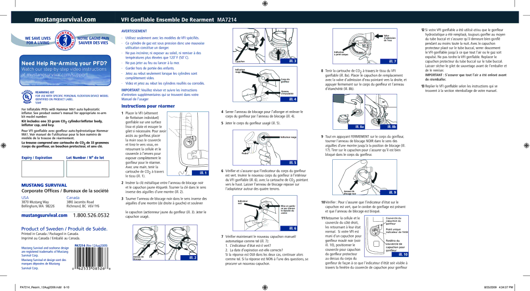 Mustang Survival MA7214 manual Instructions pour réarmer 