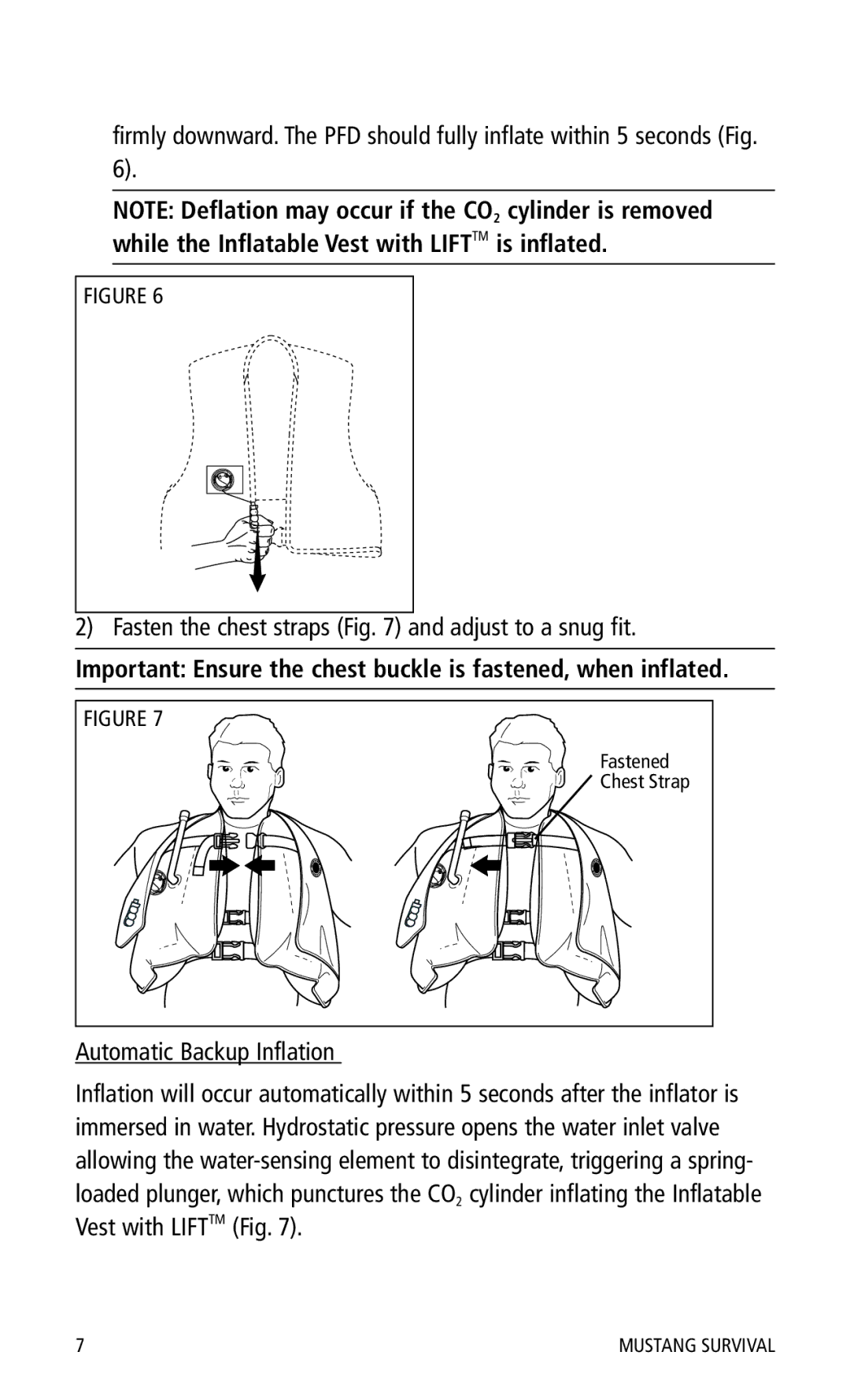 Mustang Survival MD0450 22 manual Important Ensure the chest buckle is fastened, when inflated, Automatic Backup Inflation 