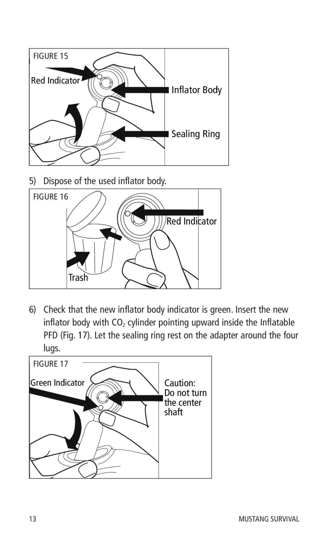 Mustang Survival MD0450 22 manual Dispose of the used inflator body, Trash, Do not turn, Center, Shaft 