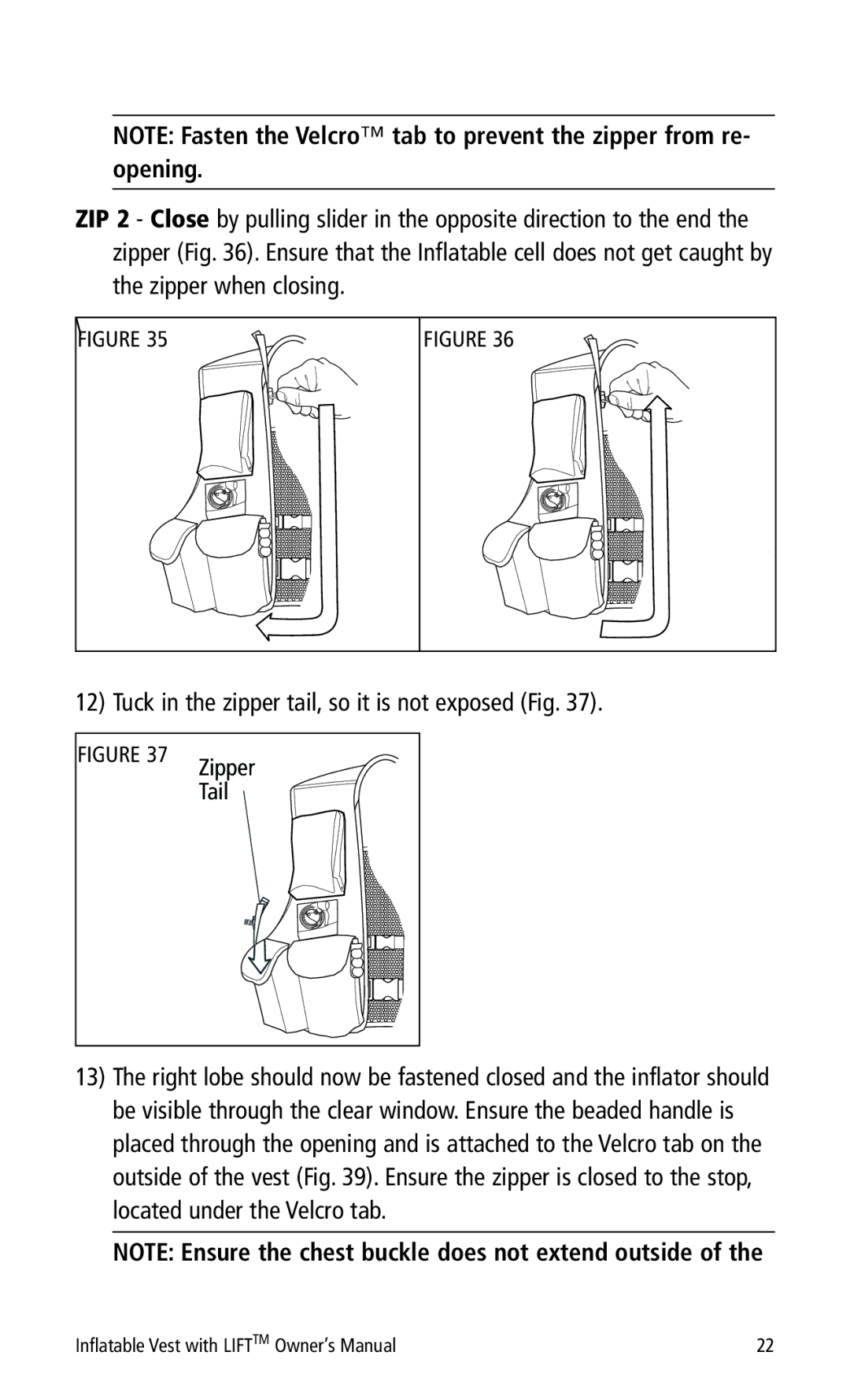 Mustang Survival MD0450 22 manual Tuck in the zipper tail, so it is not exposed Fig 