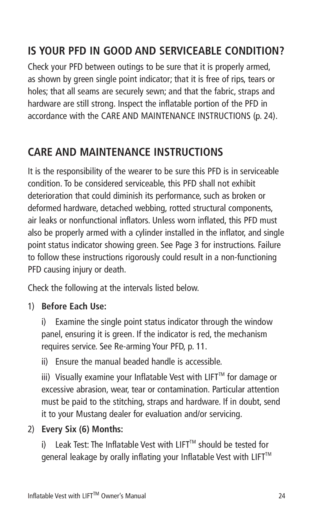 Mustang Survival MD0450 22 manual Care and Maintenance Instructions, Check the following at the intervals listed below 