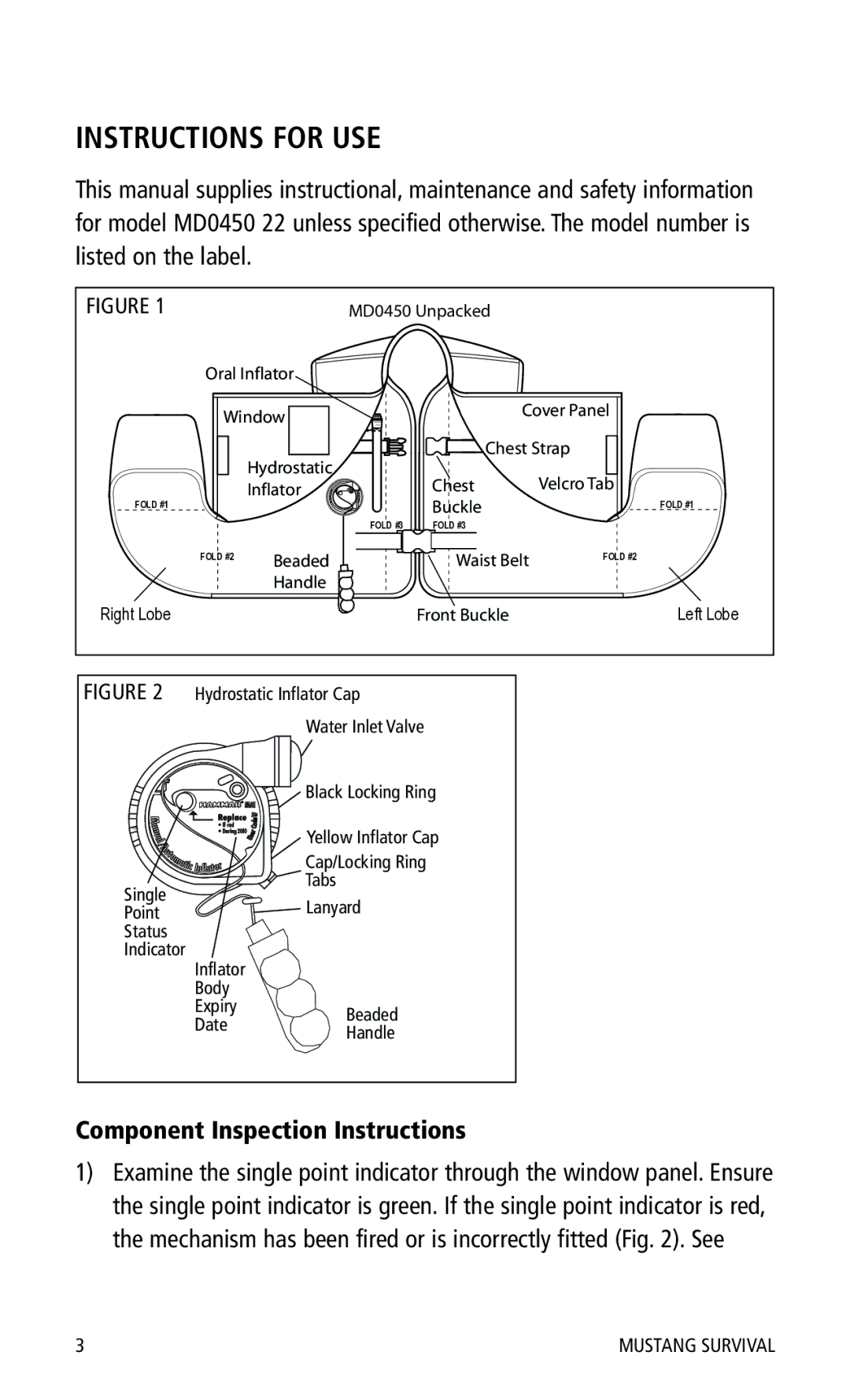 Mustang Survival MD0450 22 manual Instructions for USE, Component Inspection Instructions 