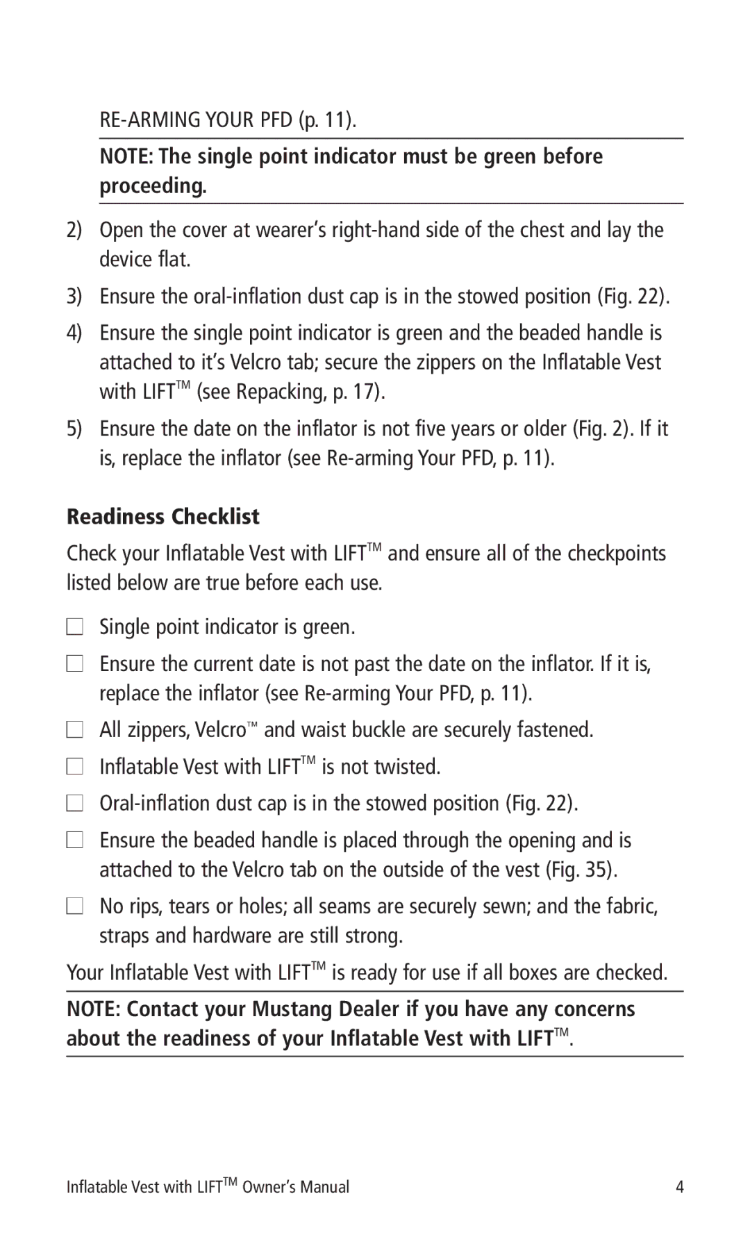 Mustang Survival MD0450 22 manual Readiness Checklist 