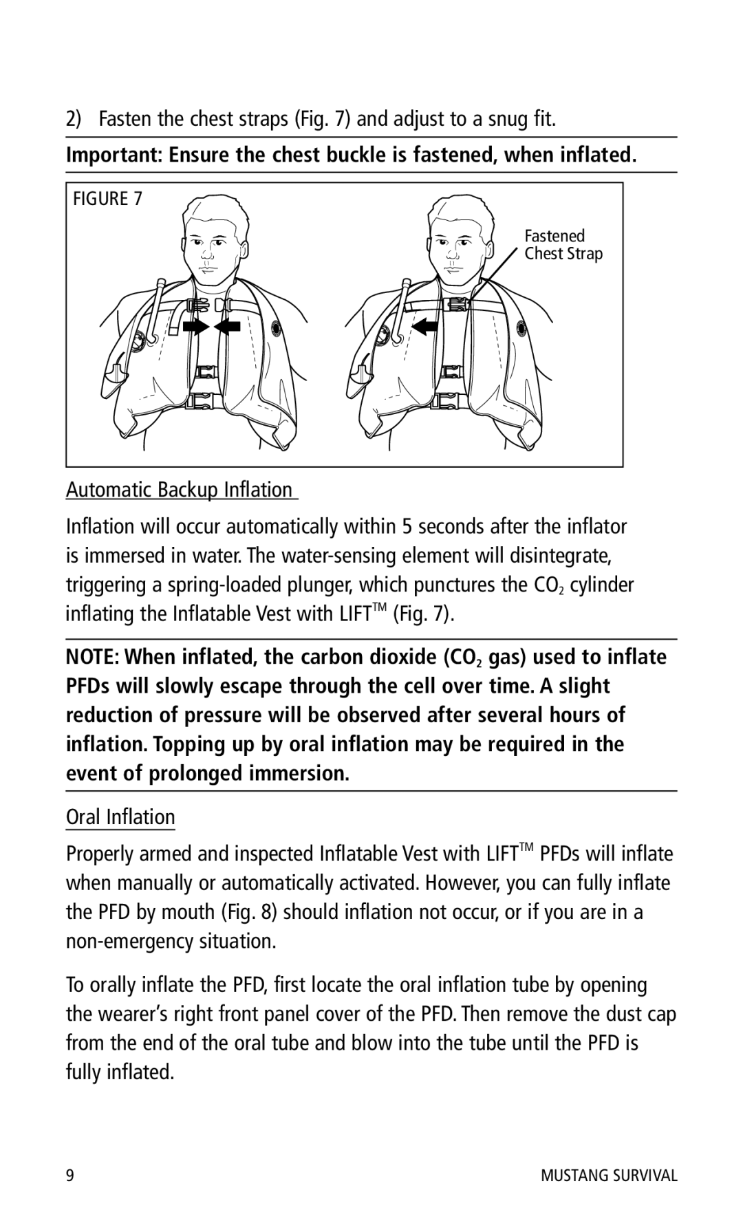 Mustang Survival MD0450 manual Fasten the chest straps and adjust to a snug fit, Automatic Backup Inflation, Oral Inflation 