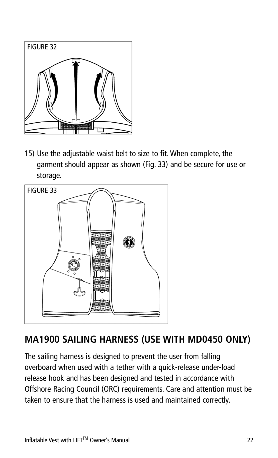 Mustang Survival manual MA1900 Sailing Harness USE with MD0450 only 