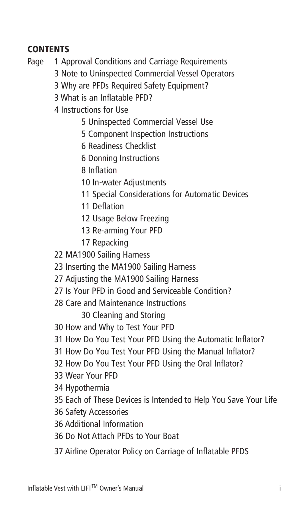 Mustang Survival MD0450 manual Contents 