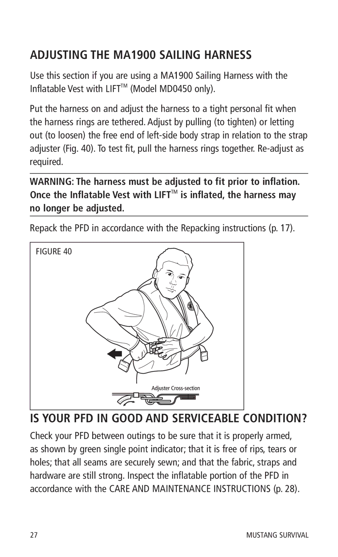 Mustang Survival MD0450 manual Adjusting the MA1900 Sailing Harness, Is Your PFD in Good and Serviceable CONDITION? 