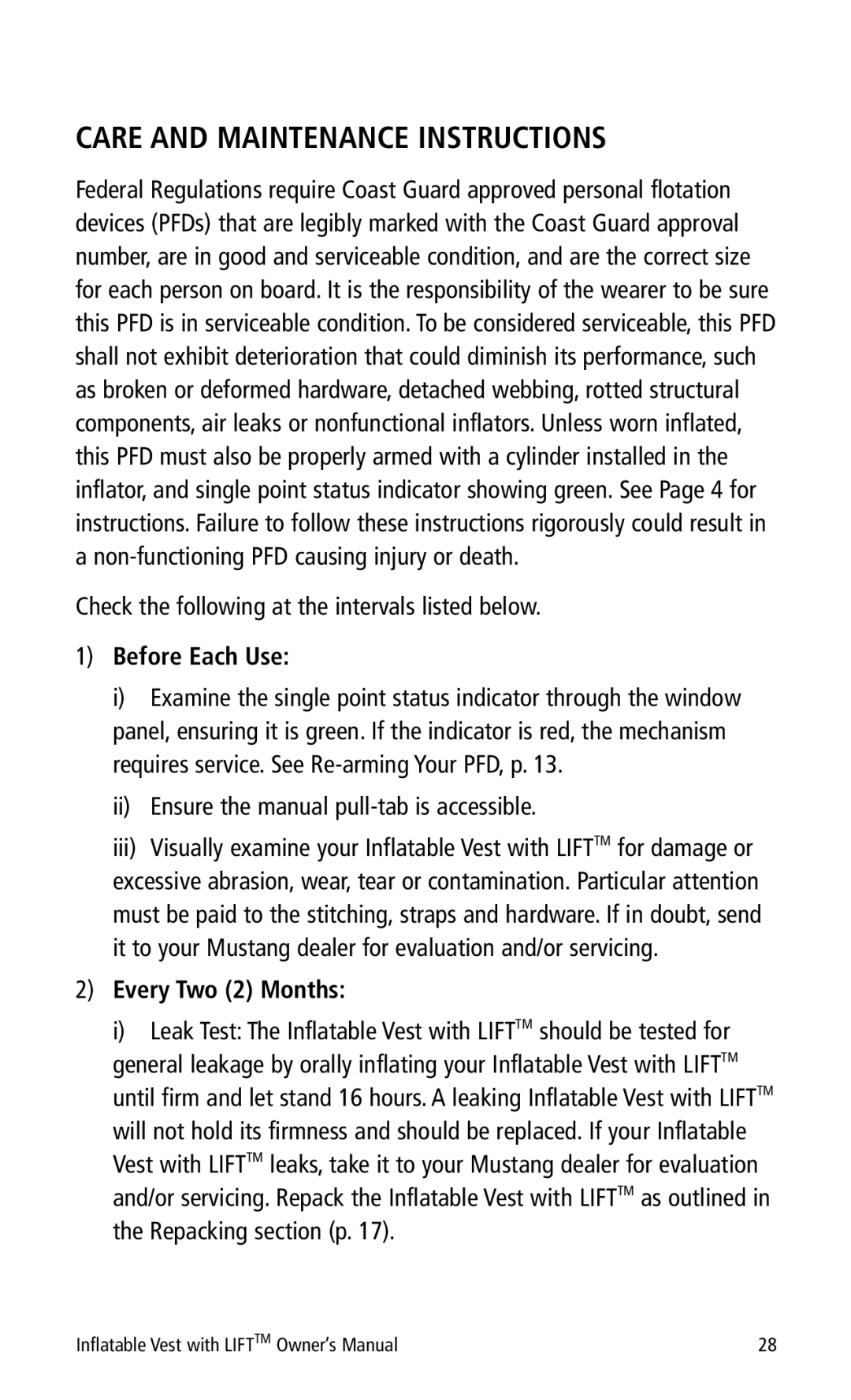 Mustang Survival MD0450 manual Care and Maintenance Instructions, Check the following at the intervals listed below 