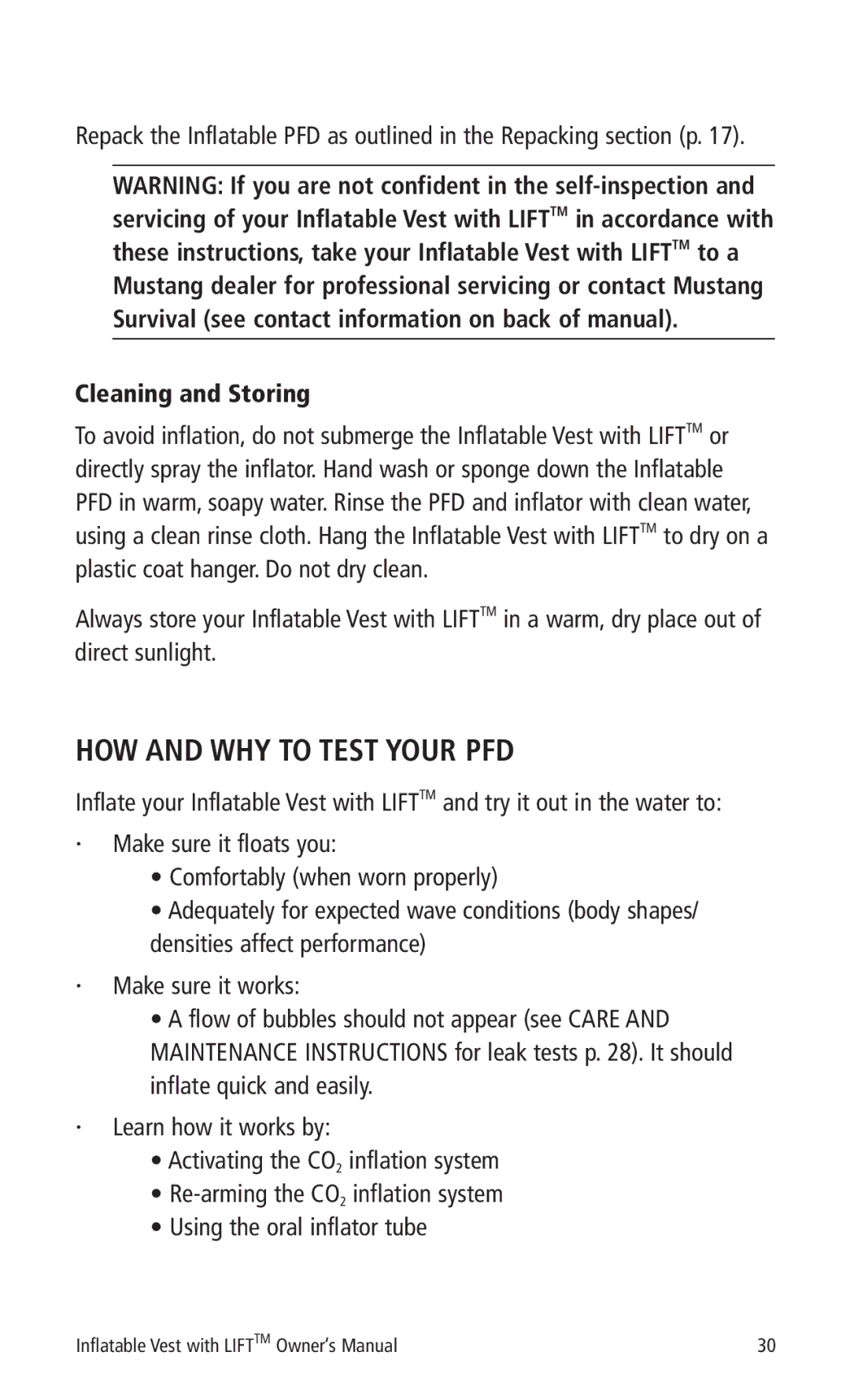 Mustang Survival MD0450 manual HOW and WHY to Test Your PFD, Cleaning and Storing 