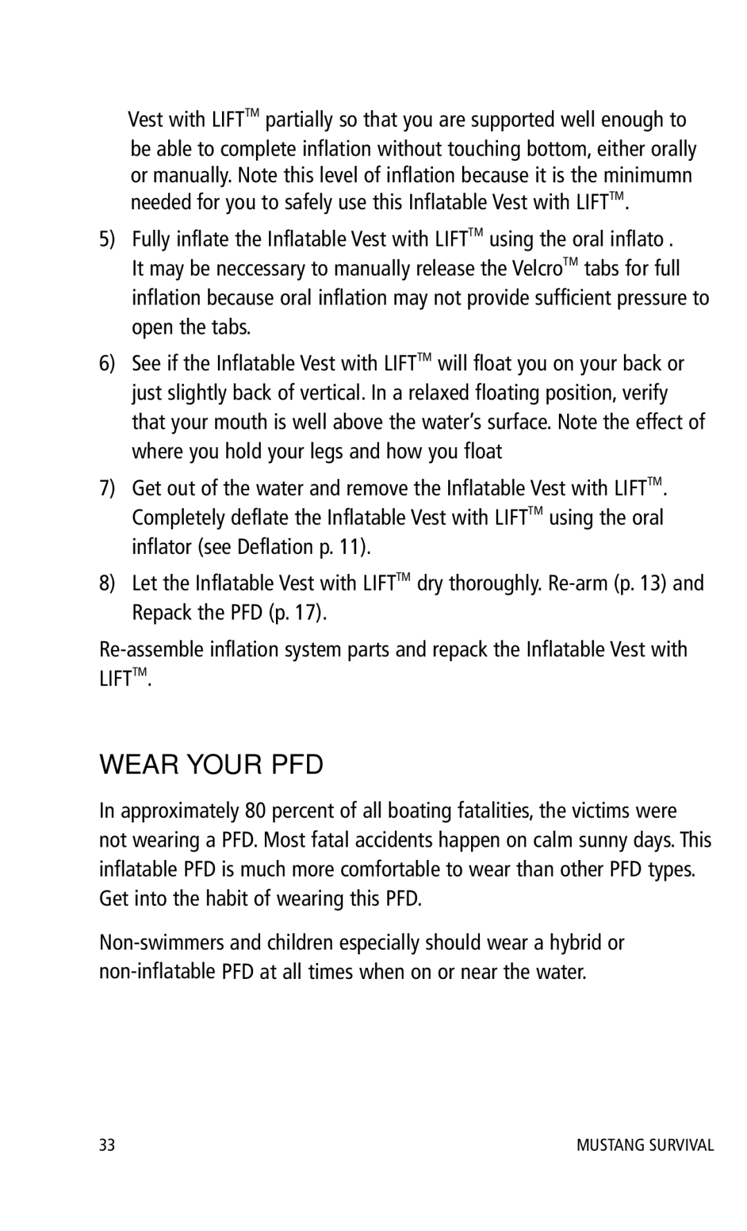 Mustang Survival MD0450 manual Wear Your PFD 