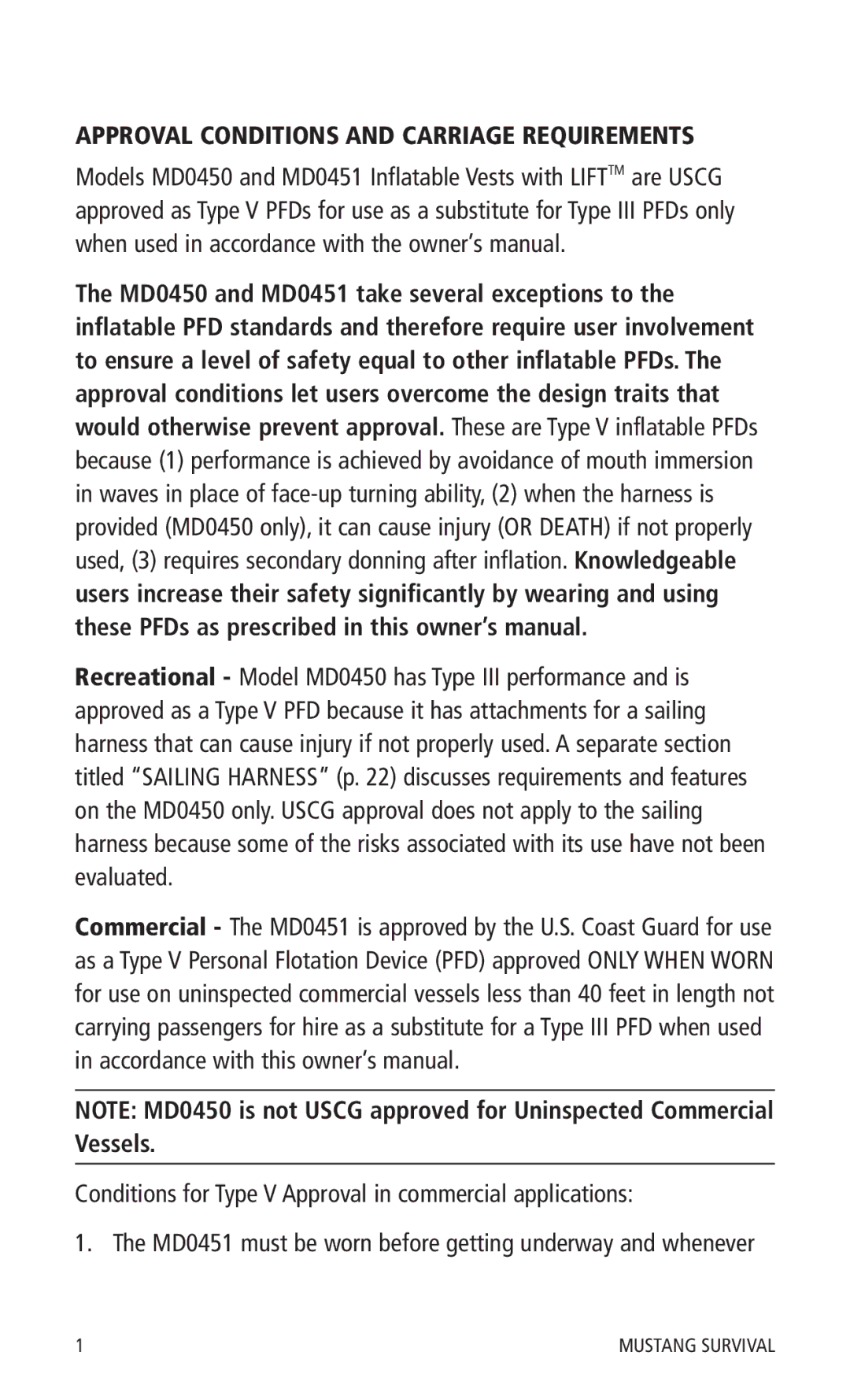 Mustang Survival MD0450 manual Approval Conditions and Carriage Requirements 