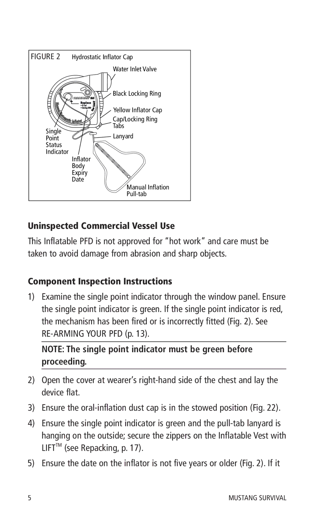 Mustang Survival MD0450 manual Uninspected Commercial Vessel Use, Component Inspection Instructions 