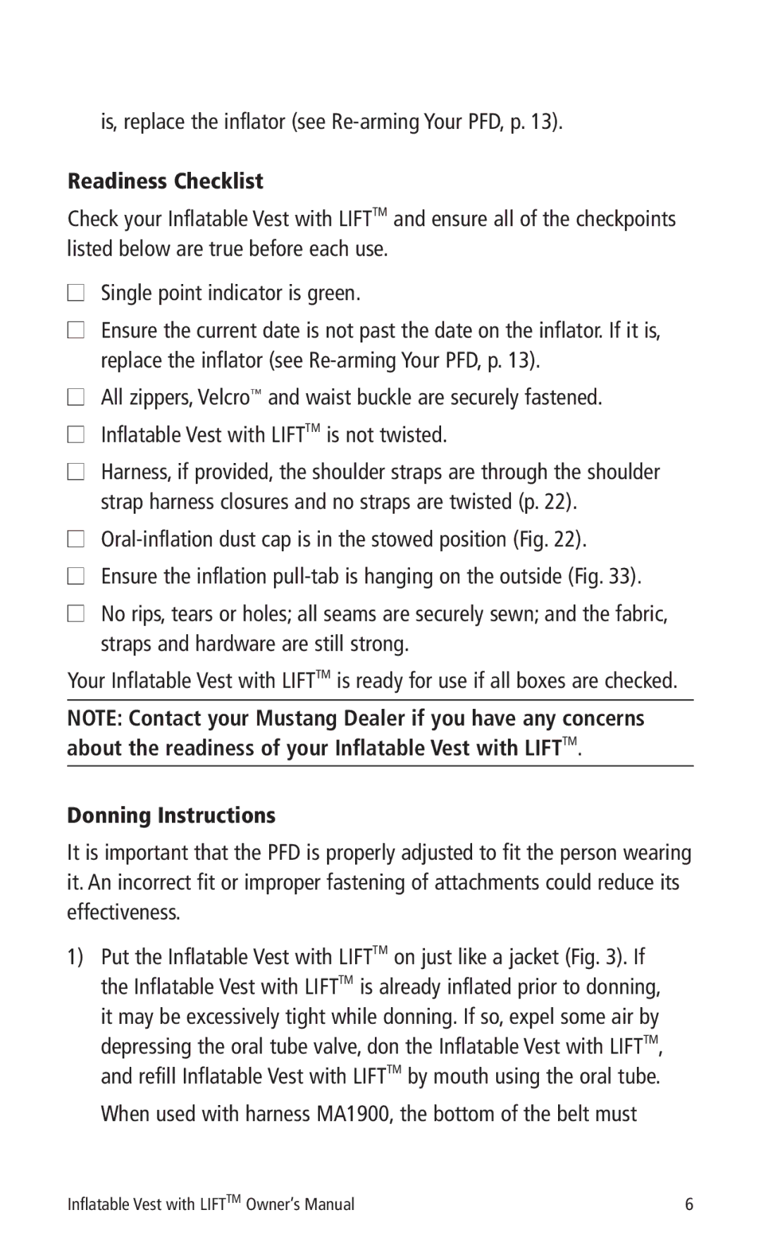 Mustang Survival MD0450 Is, replace the inflator see Re-arming Your PFD, p, Readiness Checklist, Donning Instructions 