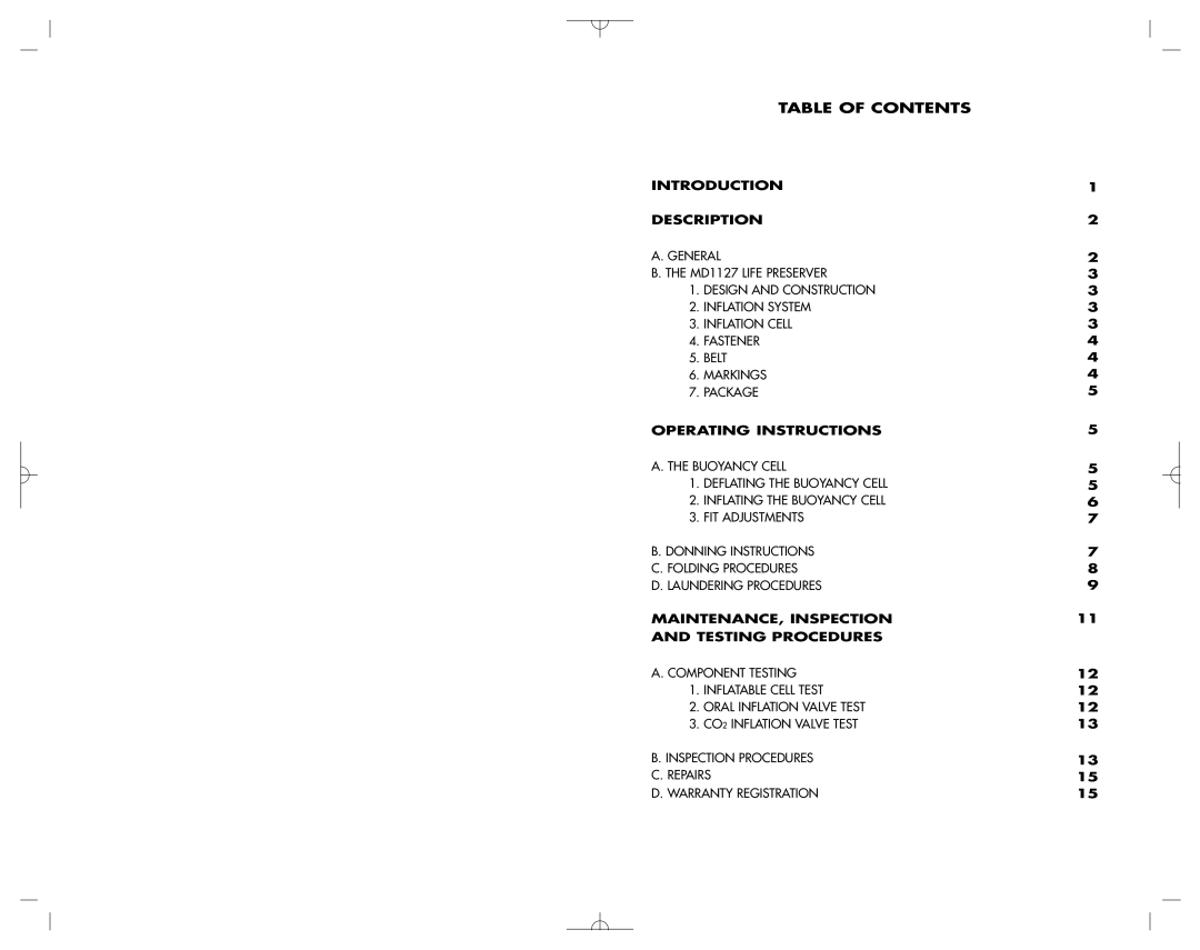 Mustang Survival MD1127 manual Table of Contents 