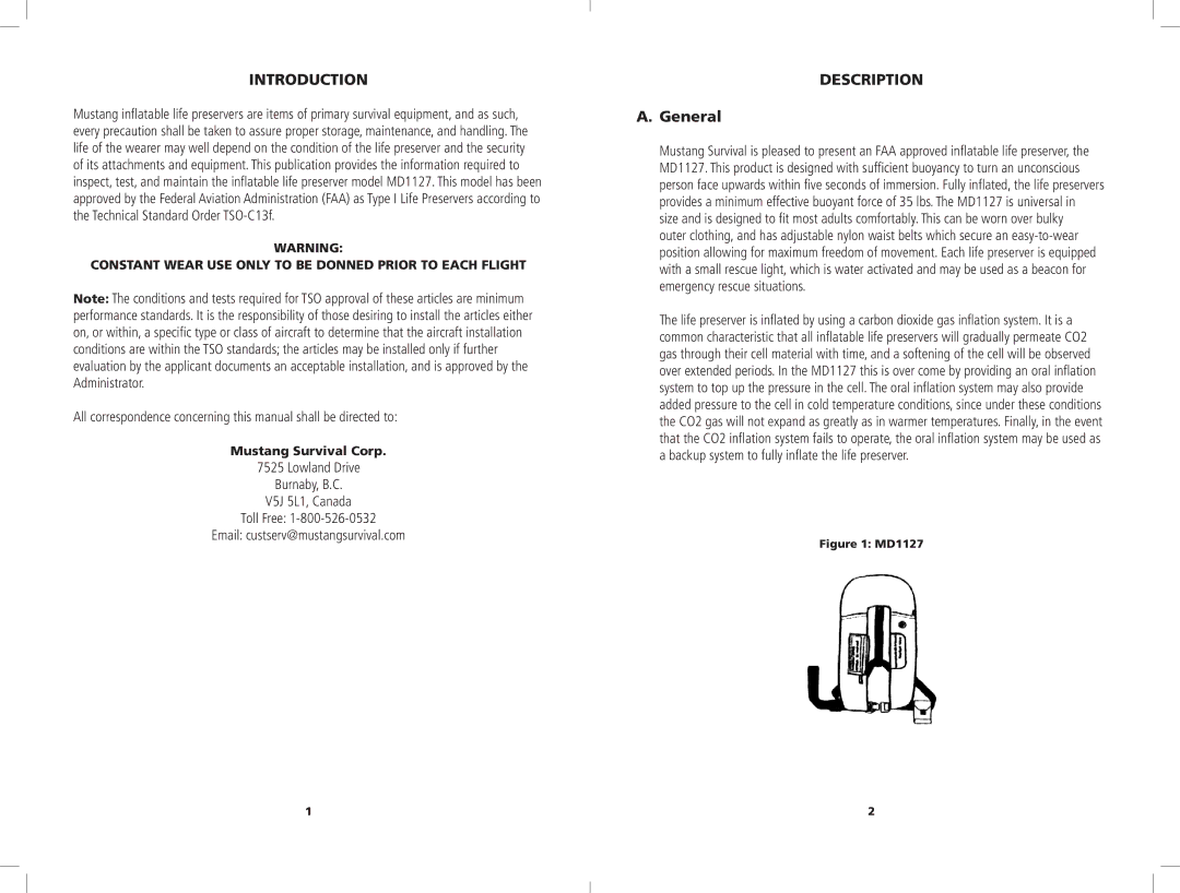 Mustang Survival MD1127 manual Introduction 