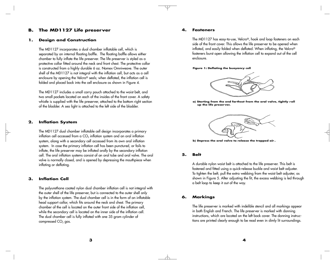 Mustang Survival MD1127 manual Design and Construction, Inflation System, Inflation Cell, Fasteners, Belt, Markings 