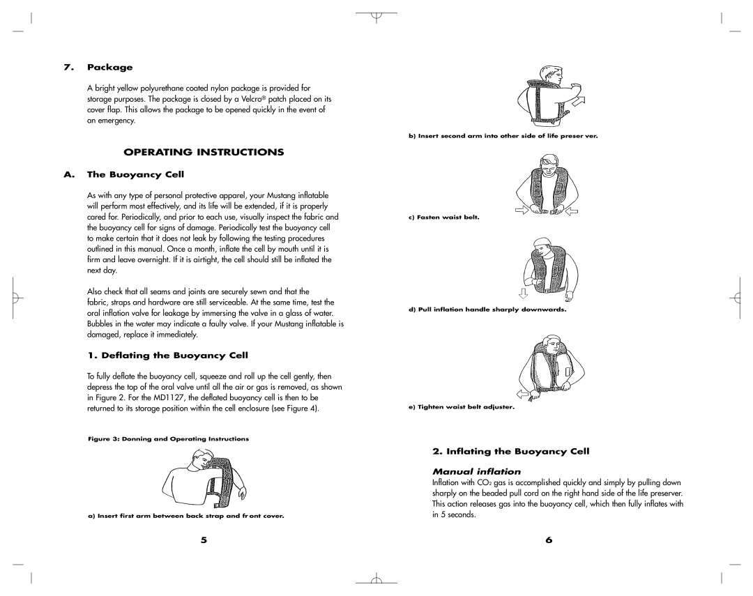 Mustang Survival MD1127 manual Package, Deflating the Buoyancy Cell, Inflating the Buoyancy Cell 