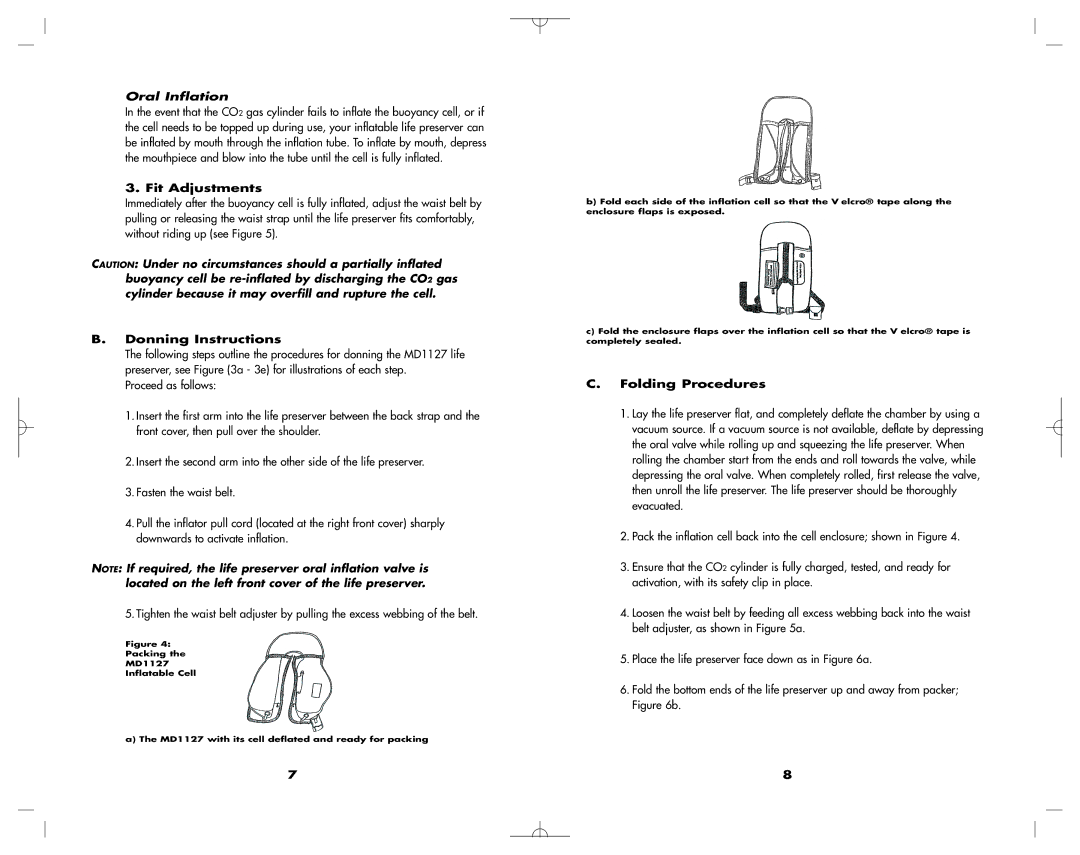 Mustang Survival MD1127 manual Fit Adjustments, Donning Instructions, Folding Procedures 