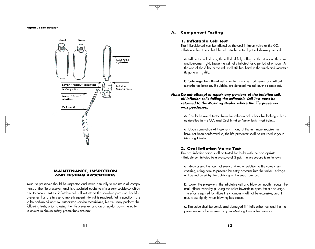 Mustang Survival MD1127 manual Component Testing Inflatable Cell Test, Oral Inflation Valve Test 