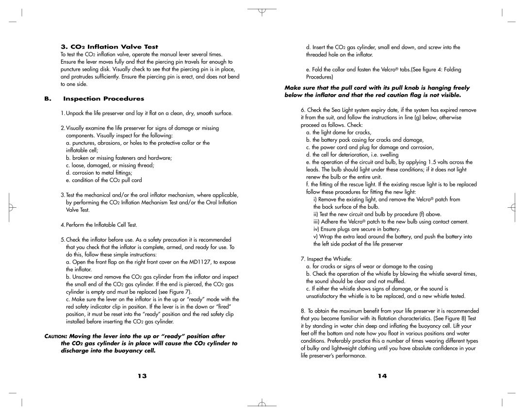 Mustang Survival MD1127 manual CO2 Inflation Valve Test, Inspection Procedures 