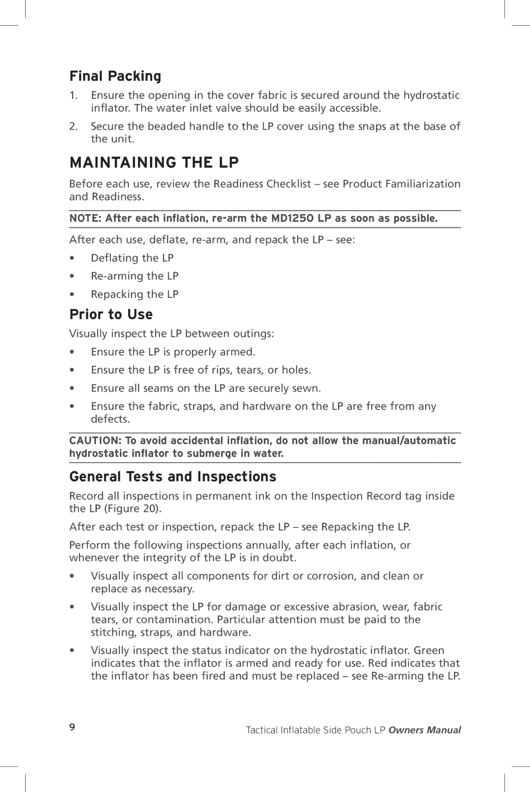 Mustang Survival MD1250 manual Maintaining the LP, Final Packing, Prior to Use, General Tests and Inspections 