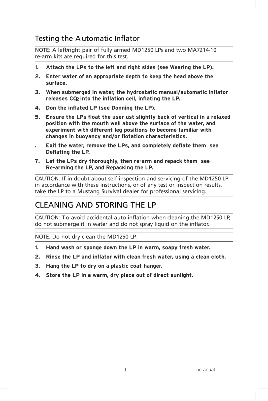 Mustang Survival MD1250 manual Cleaning and Storing the LP, Testing the Automatic Inflator 