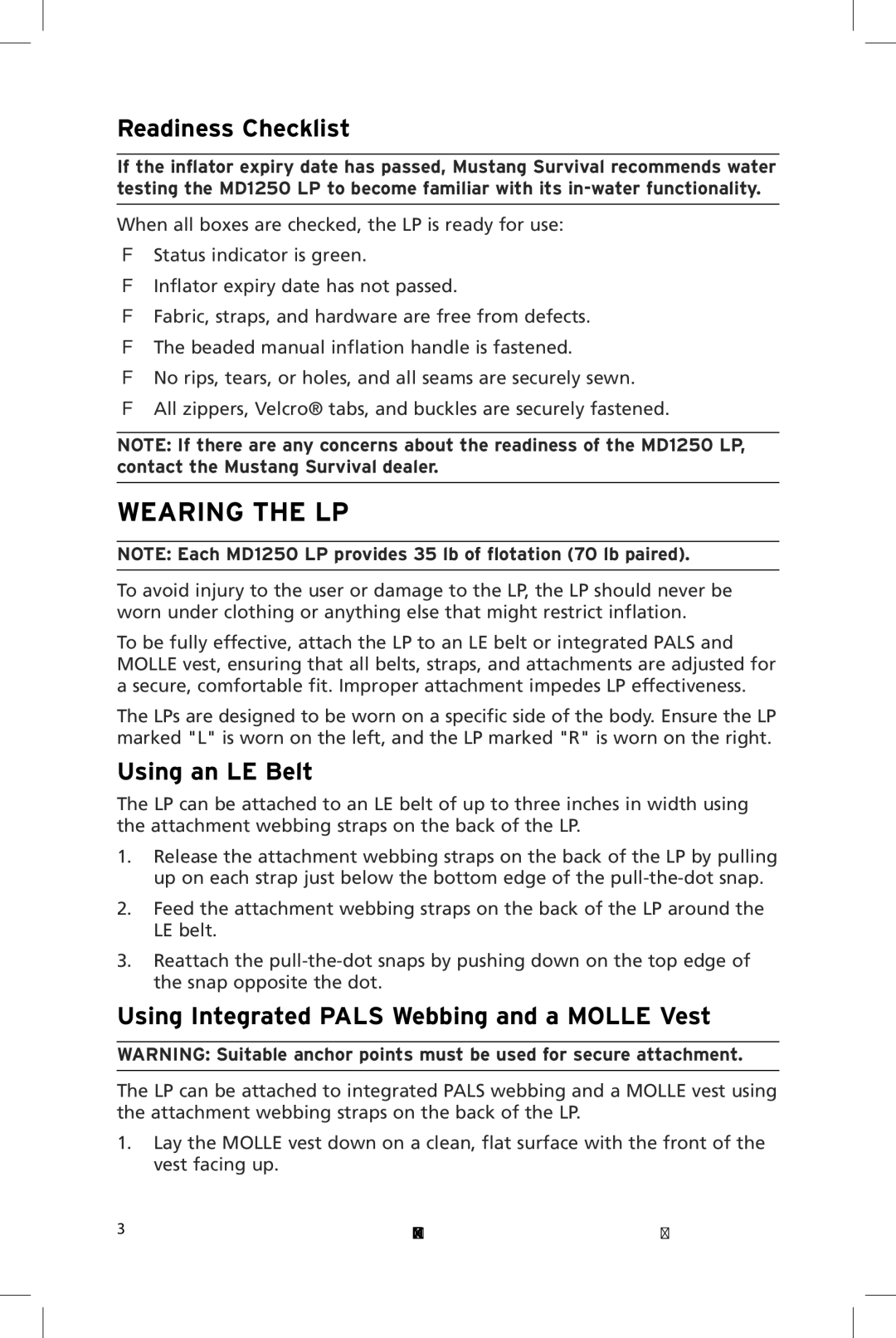 Mustang Survival MD1250 manual Wearing the LP, Readiness Checklist, Using an LE Belt 