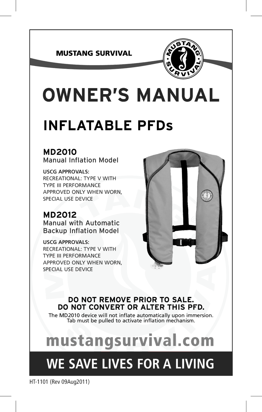 Mustang Survival md2010 manual Inflatable PFDs 