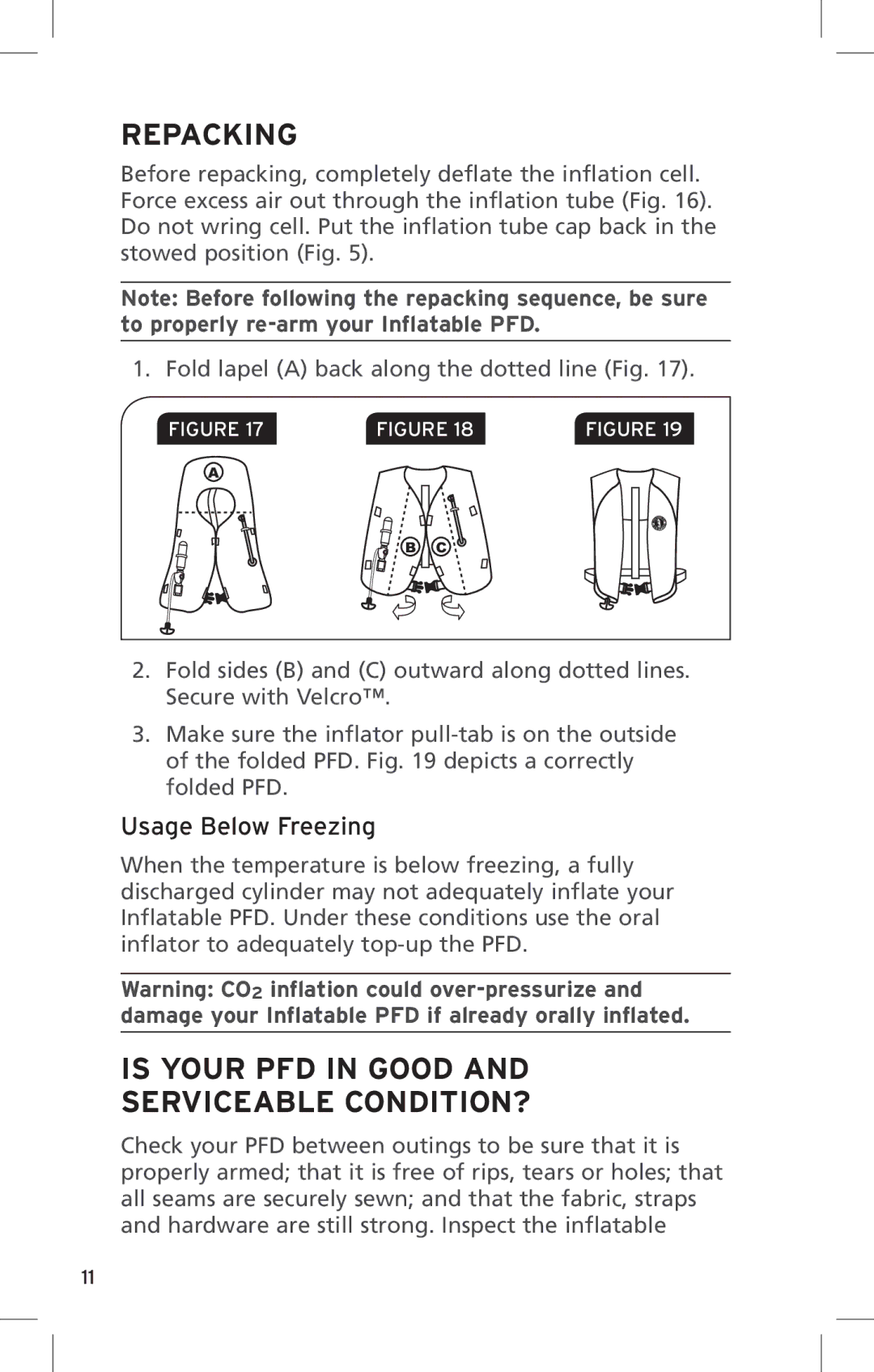 Mustang Survival md2010 manual Repacking, Is Your PFD in Good Serviceable CONDITION?, Usage Below Freezing 