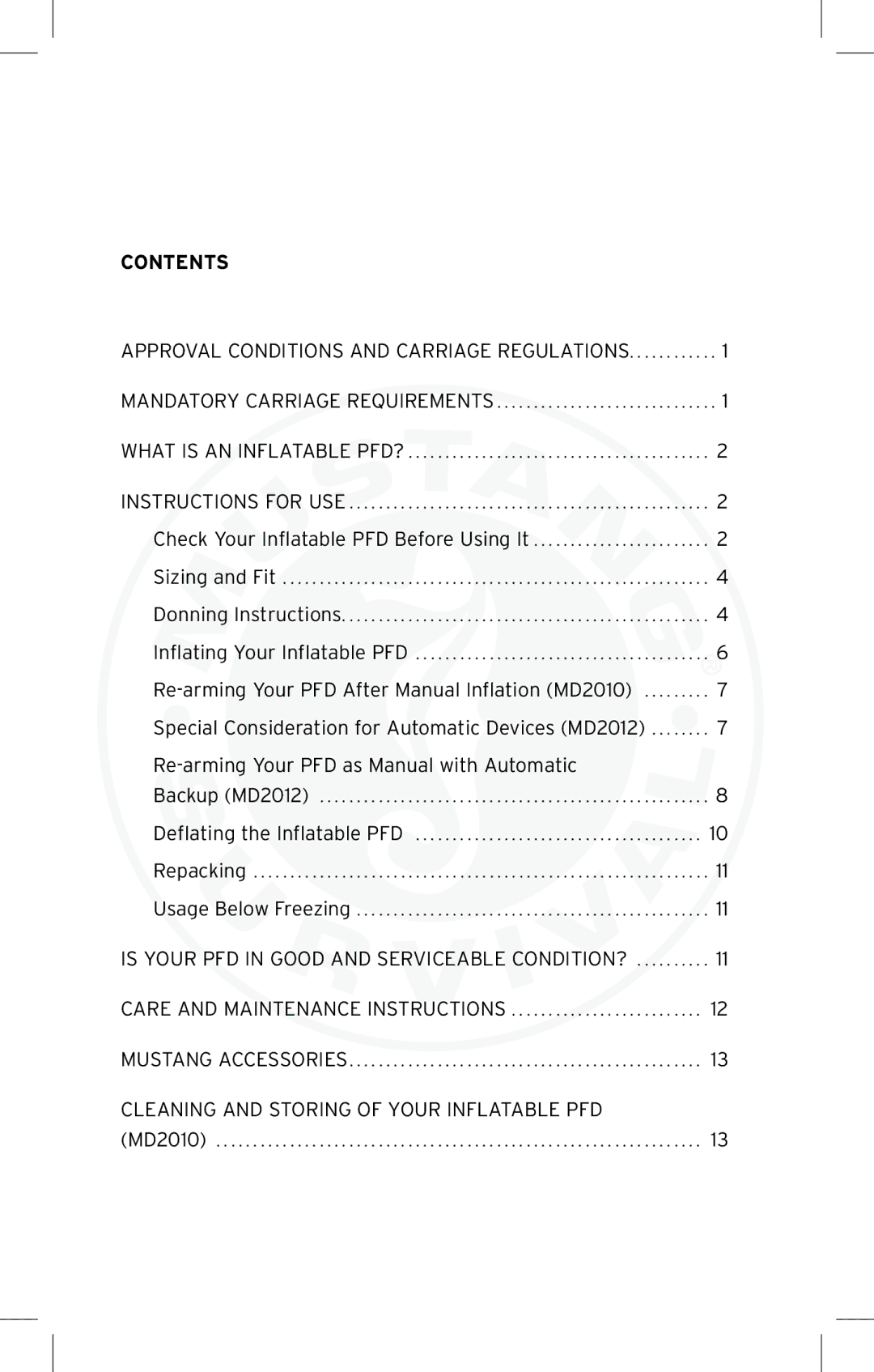 Mustang Survival md2010 manual Contents 