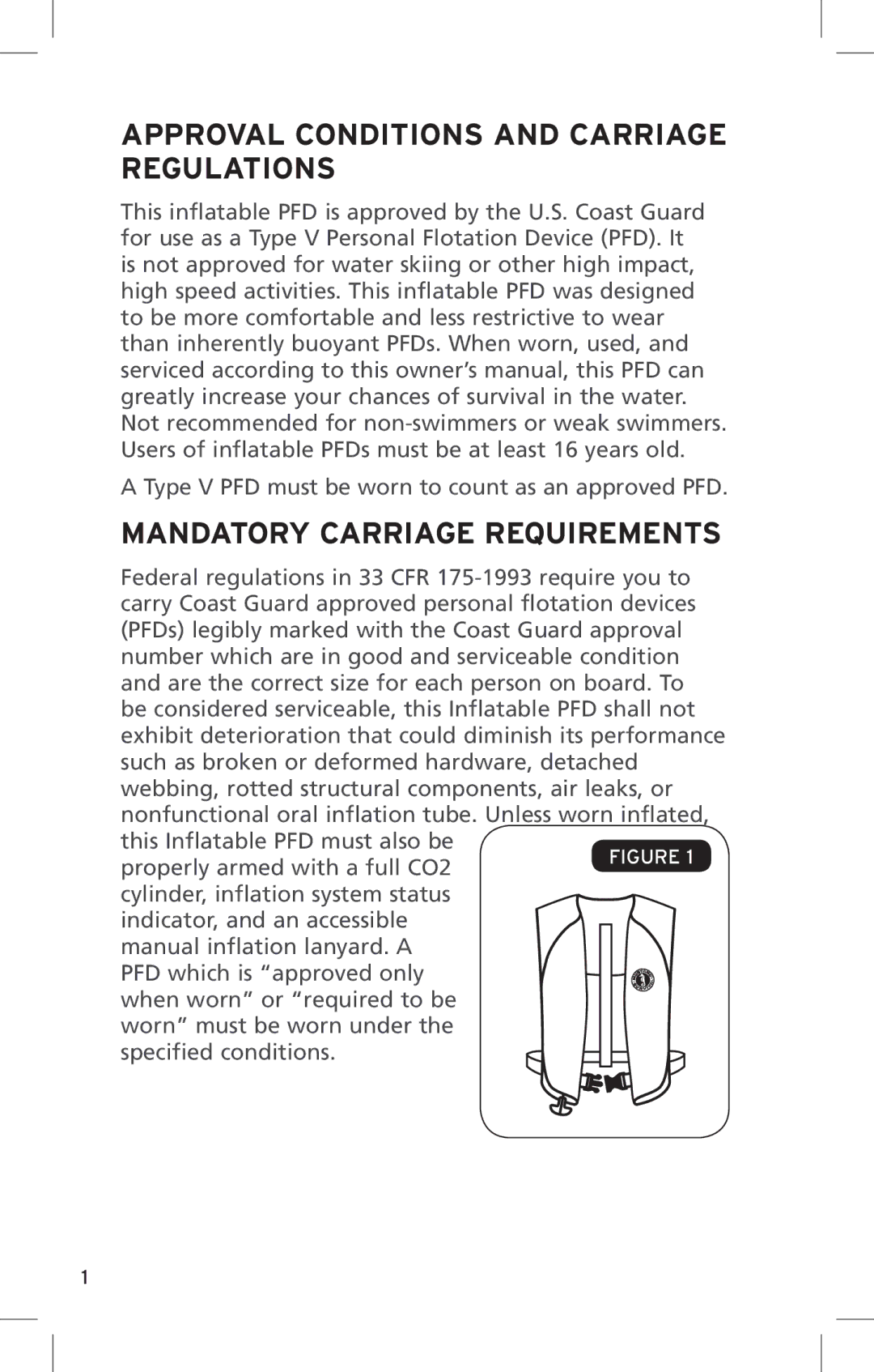 Mustang Survival md2010 manual Approval Conditions and Carriage Regulations, Mandatory Carriage Requirements 