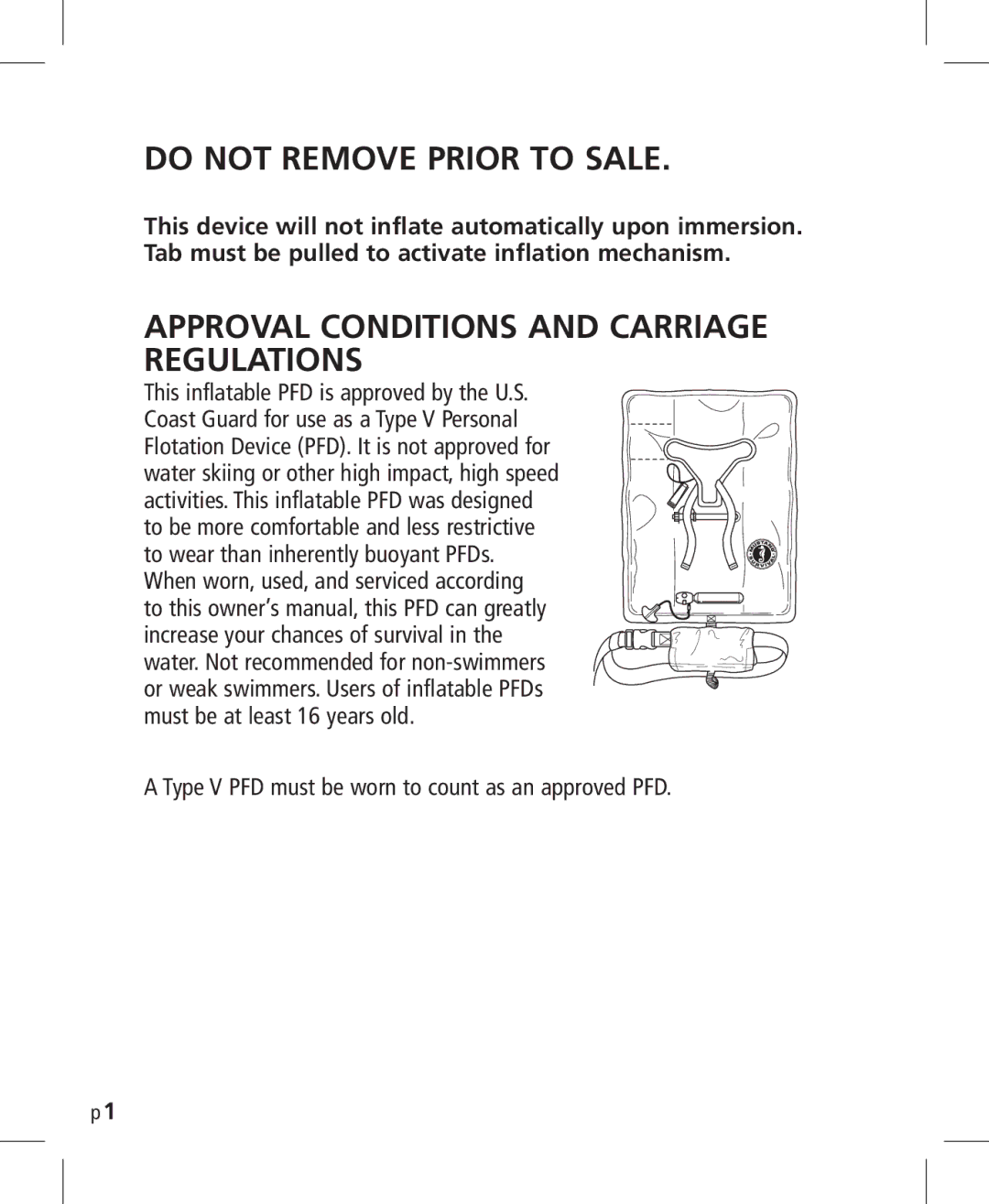 Mustang Survival MD3025NV manual Do not Remove Prior to Sale, Approval Conditions and Carriage Regulations 