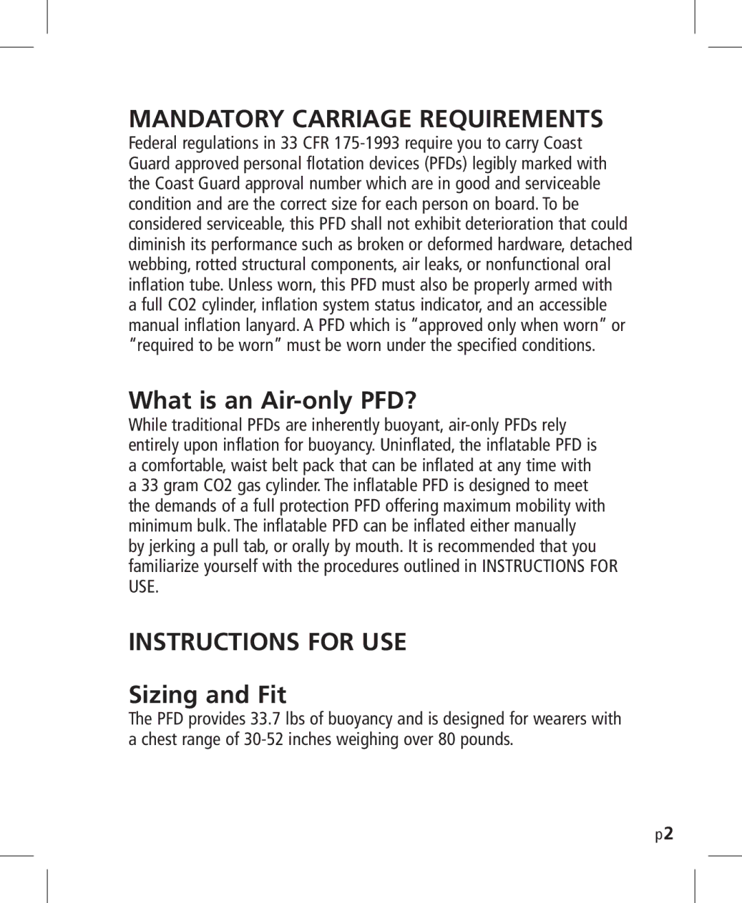 Mustang Survival MD3025NV Mandatory Carriage Requirements, What is an Air-only PFD?, Instructions for USE, Sizing and Fit 